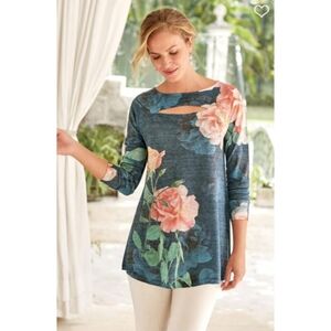 Soft Surroundings Women's Small Cutout Floral Long Sleeve Blouse Spring Brunch
